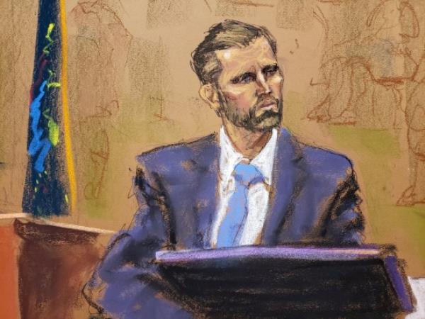 Former U.S. President Do<em></em>nald Trump's son and co-defendant, Eric Trump, testifies during the Trump Organization civil fraud trial in New York State Supreme Court in the Manhattan borough of New York City, U.S., November 2, 2023 in this courtroom sketch. REUTERS/Jane Rosenberg