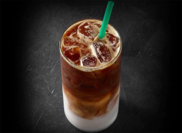 starbucks blo<em></em>nde vanilla latte in a glass on a plain background.